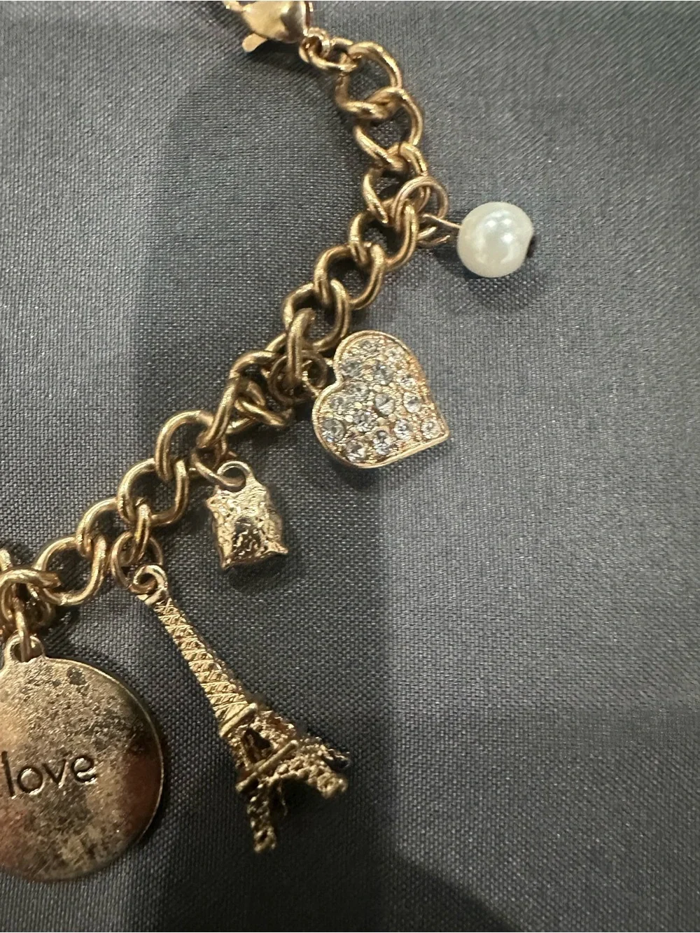 Gold-Tone Charm Bracelet with Hearts, Key & Eiffel Tower